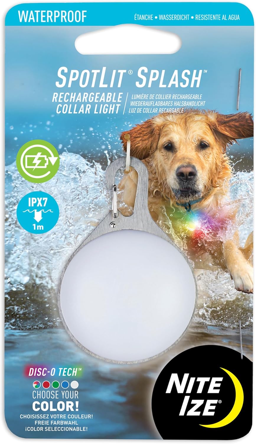 Nite Ize SpotLit Splash LED light clipped to dog harness
